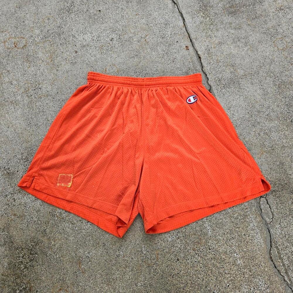 Vtg 90s CHAMPION Embroidered C Logo Plain Minimal Mesh Athletic Shorts Orange L